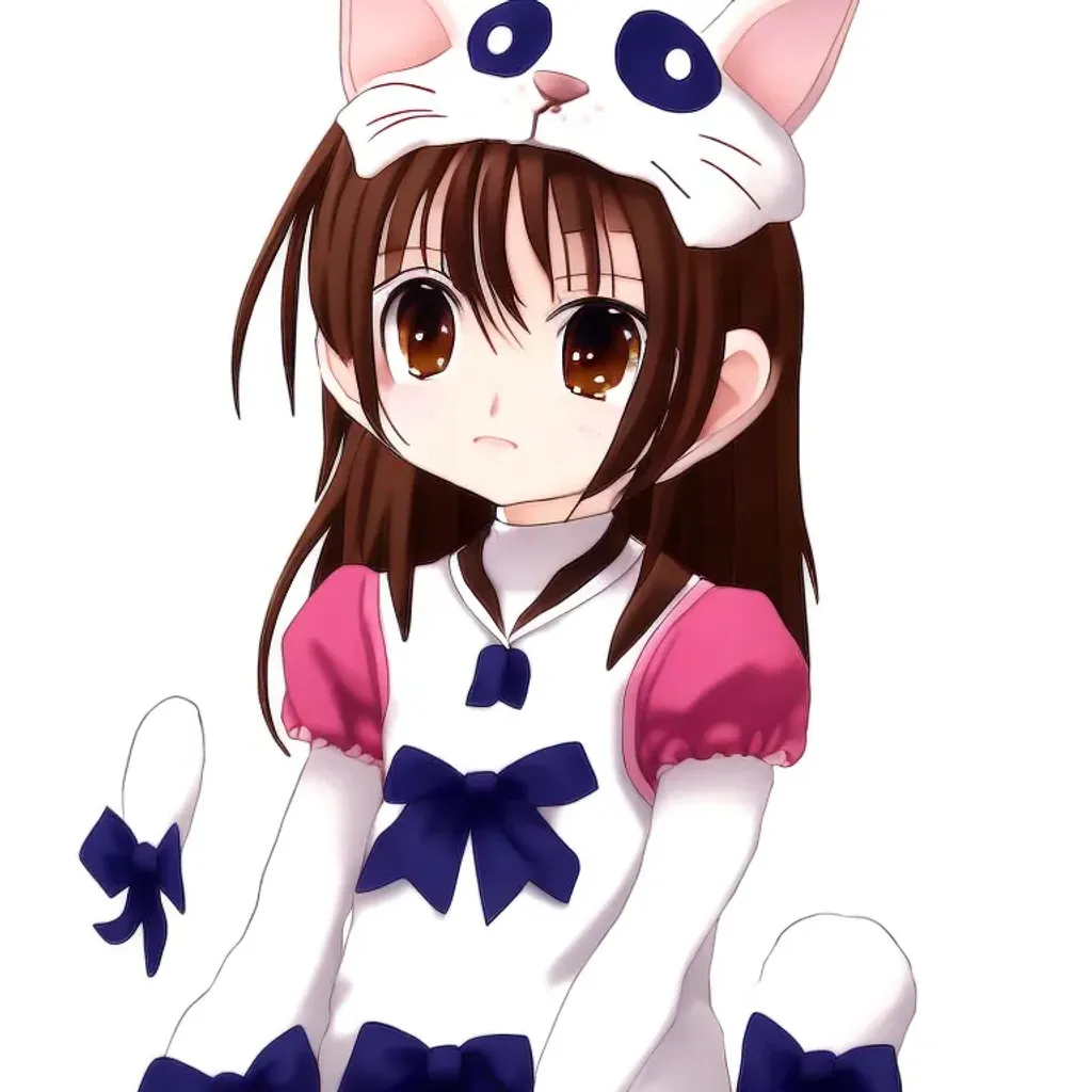 Prompt: Face Blushed Anime Girl with a White Cat tail and brown eyes