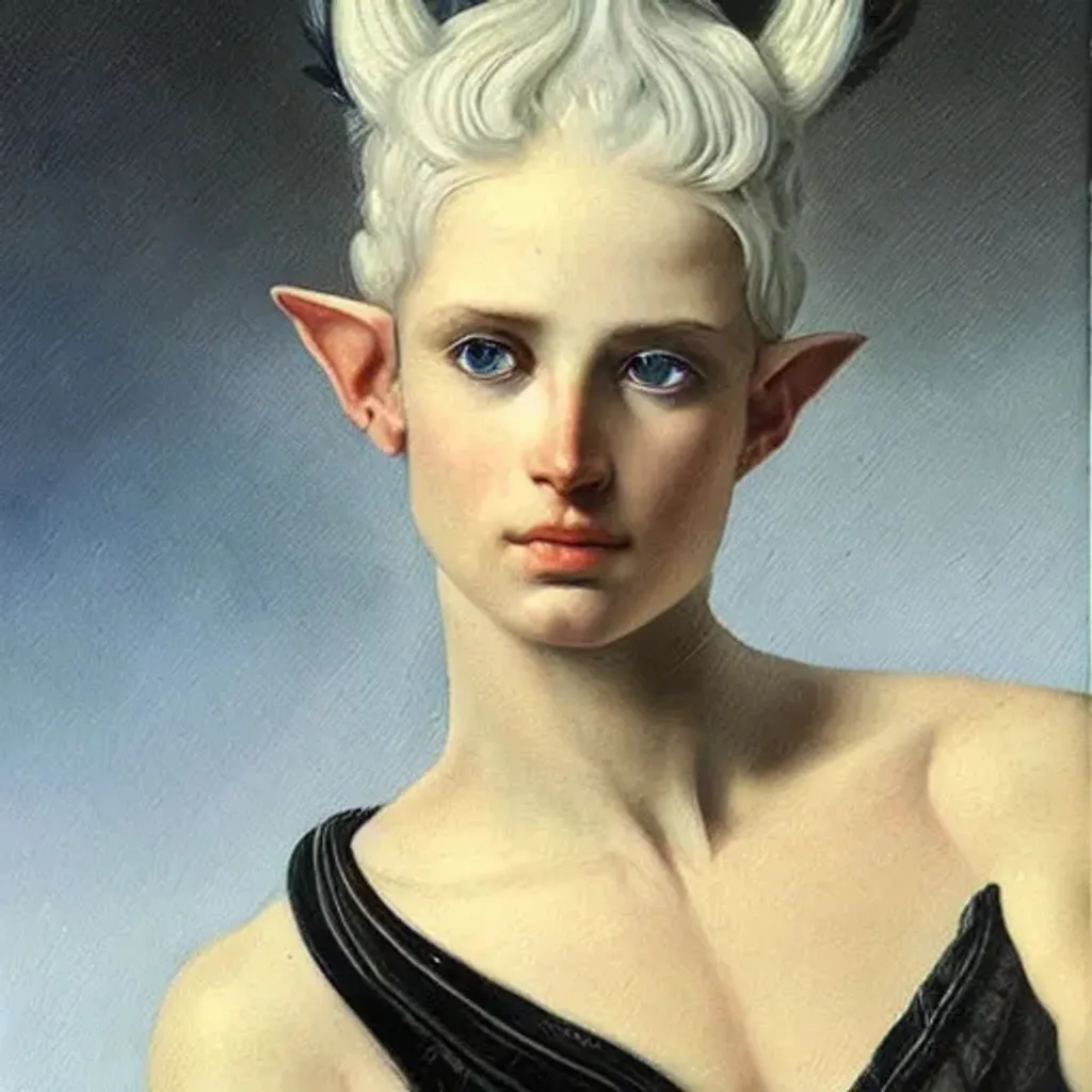 Prompt: Oil painting, portrait of an elven warrior, white hair tied in a bun, sapphire blue eyes, black dress, very detailed, by Anne-Louis Girodet