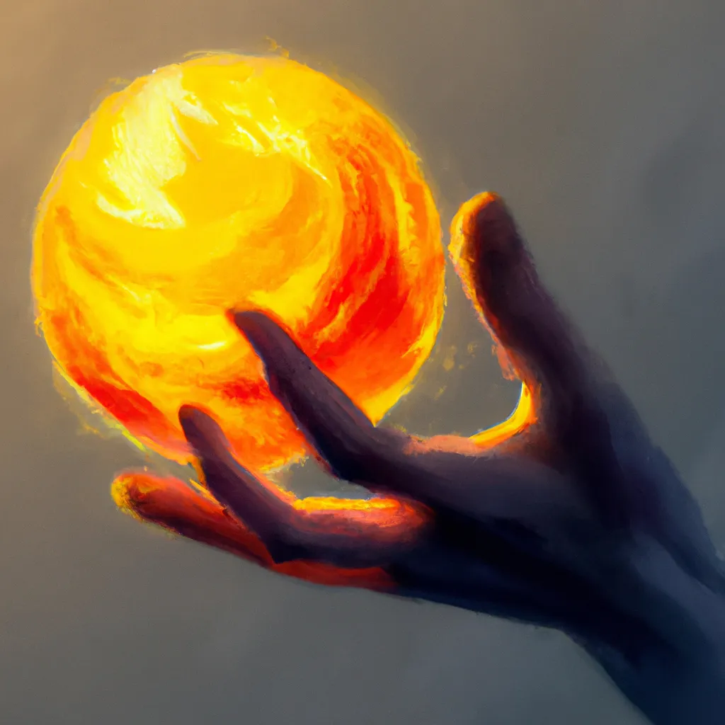 Prompt: a hand holding a bright flaming orb, raytracing, realistic, detailed, oil on canvas