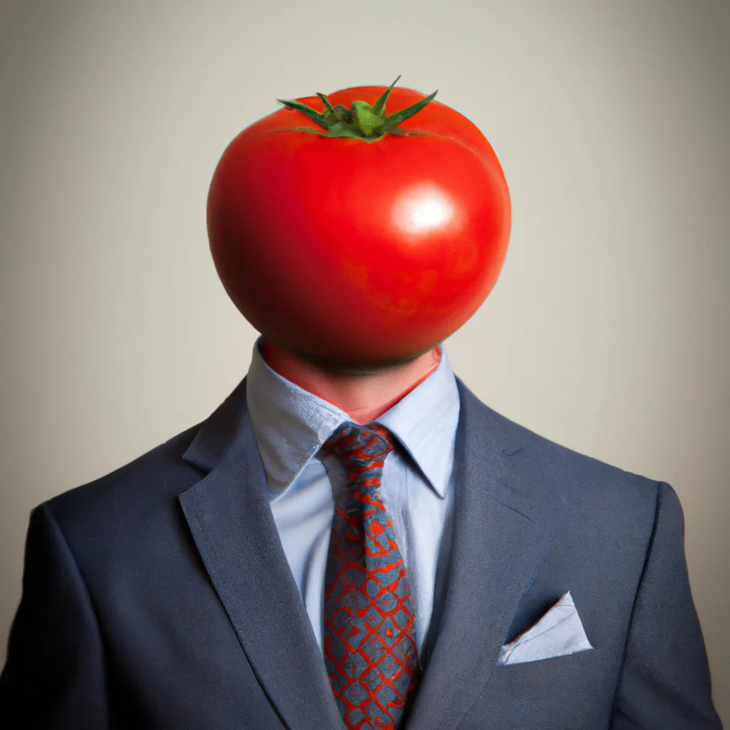 Prompt: Man with a tomato for a head, wearing a suit, HD photograph