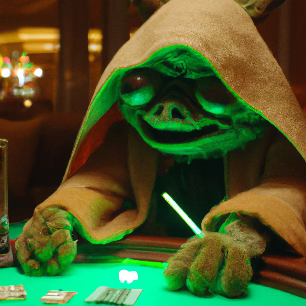 Prompt: film still of yoda with a cigar gambling in Vegas in the new Star Wars movie, 4k