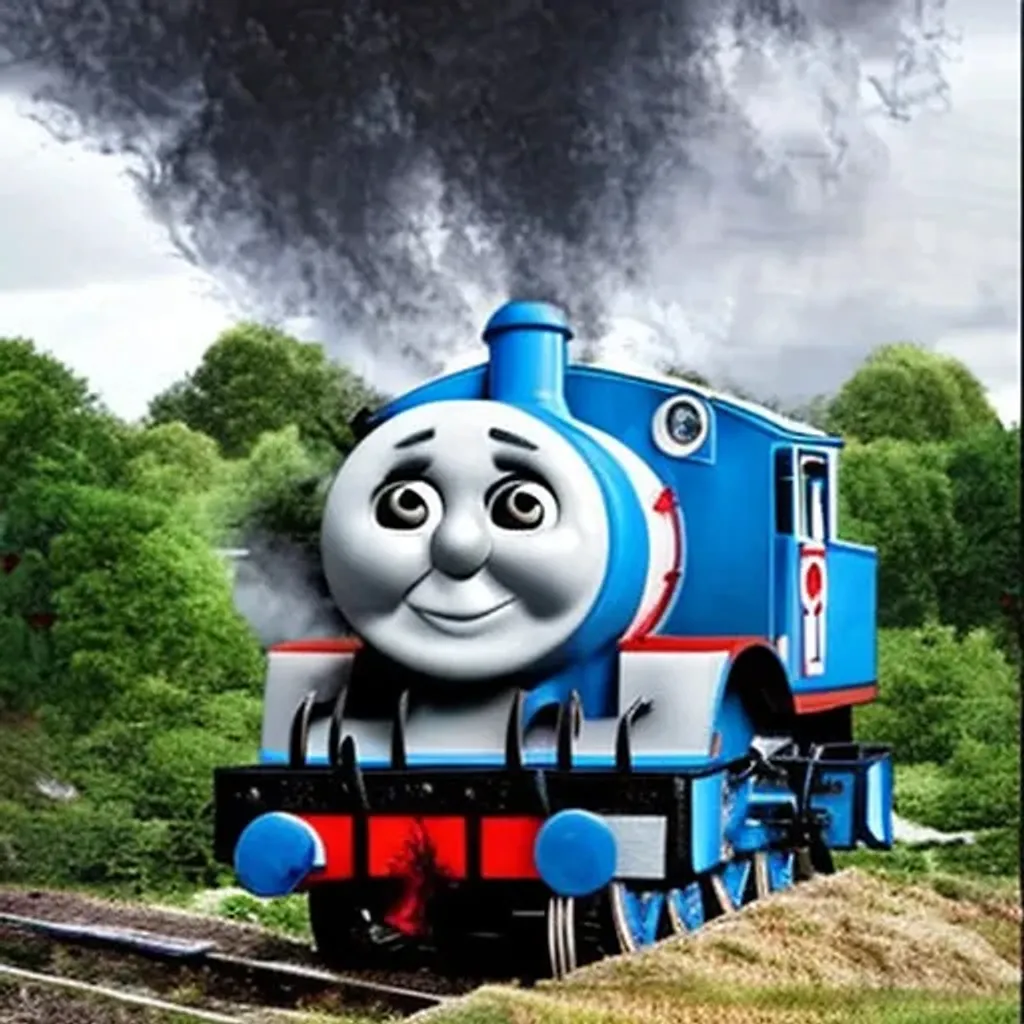 Prompt: post apocalypse thomas the tank engine 
