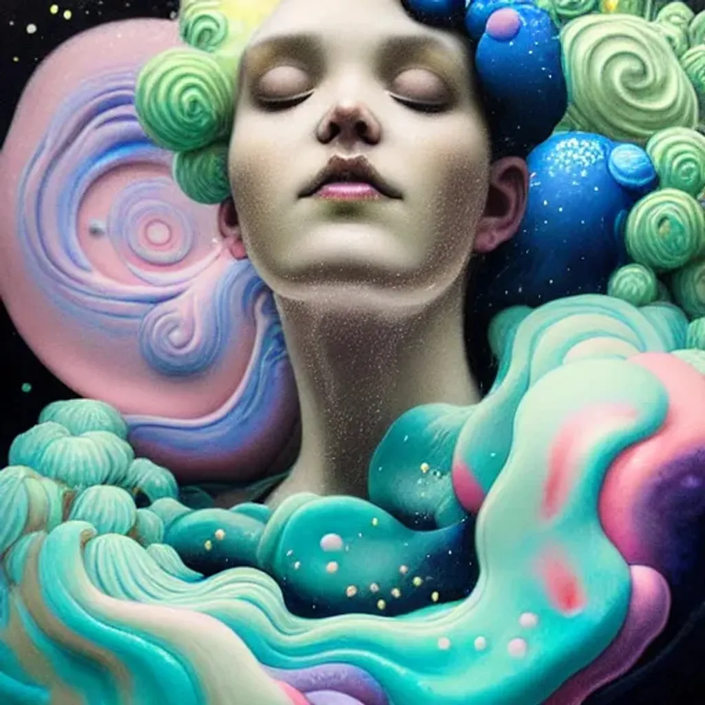 Prompt: Rococo pastel liquid slime portrait by Ryan Hewett, hq, Beautiful woman with mushrooms growing out of her hair, victo ngai, hq, fungi, celestial, moon, galaxy, stars 