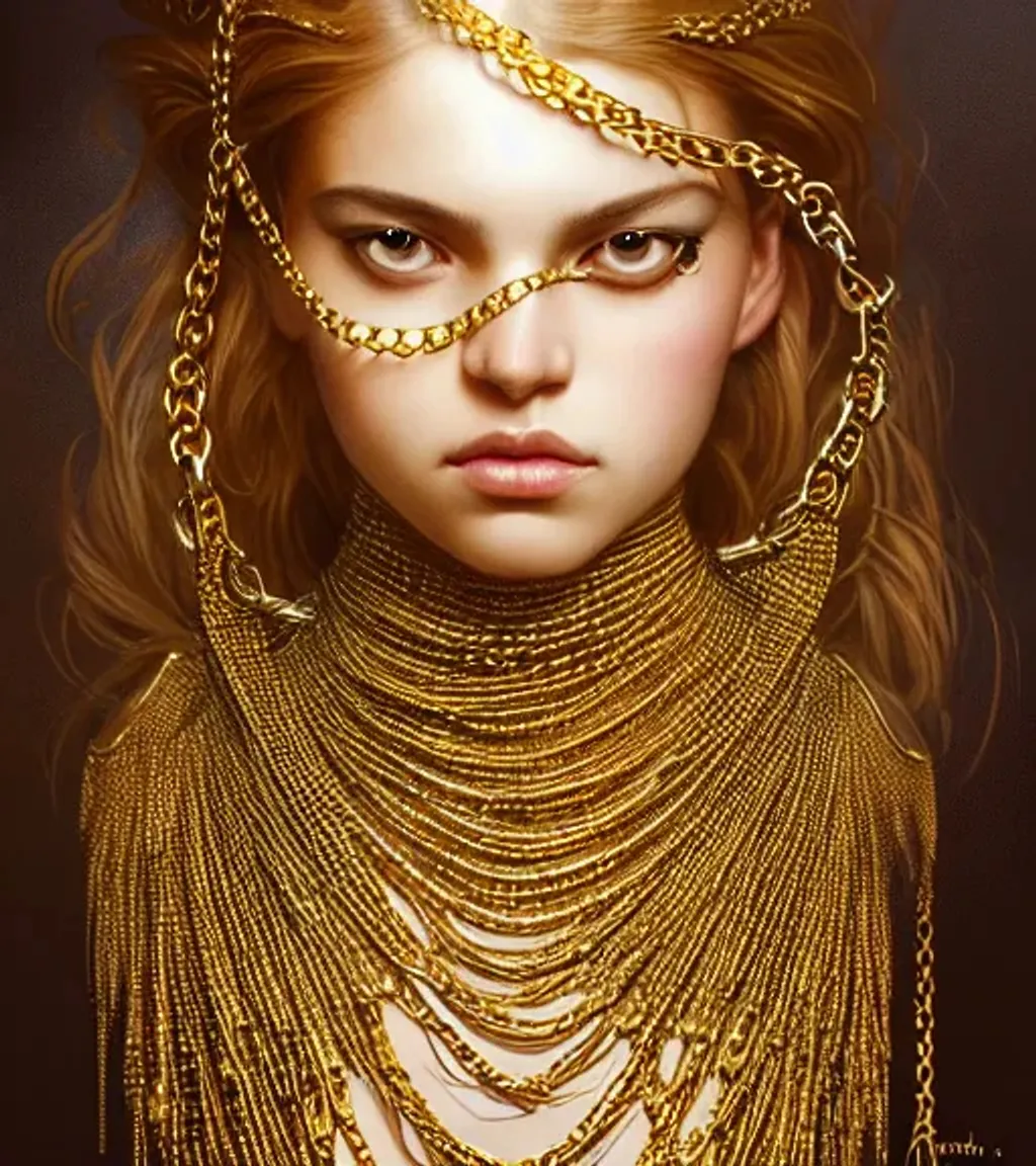 Prompt: girl made out of golden chains in a dress made out of spiked silver chains. bound by spiked iron chains, golden collar, golden eyes, fantasy, dancing, intricate, dramatic, digital painting, artstation, smooth, sharp focus, illustration, art by artgerm and greg rutkowski and alphonse mucha
