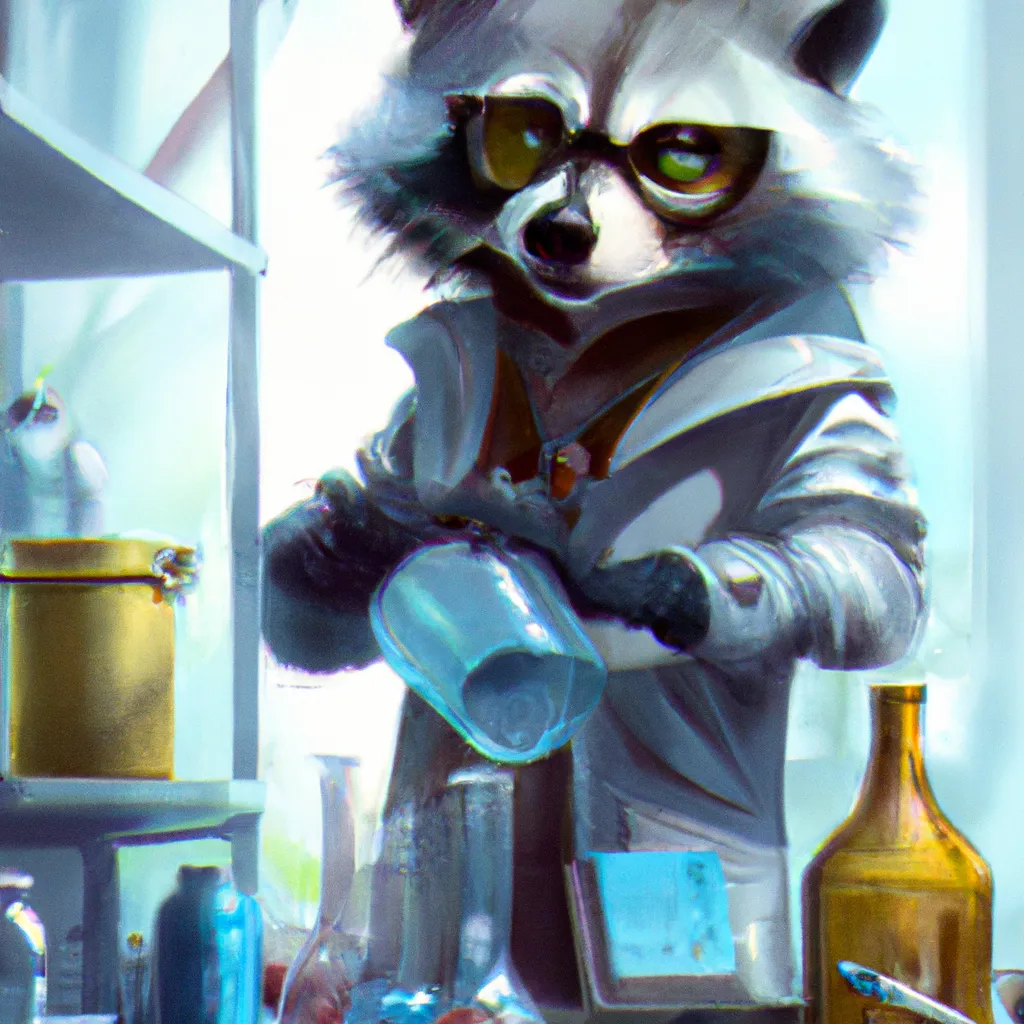 Prompt: Raccoon scientist mixing chemicals in a laboratory, digital art