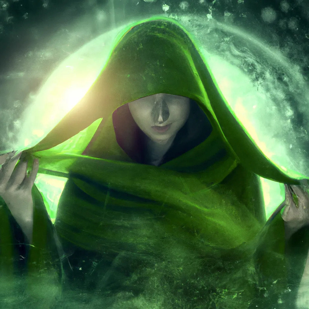 Prompt: Magic green portal inside her hooded cloak