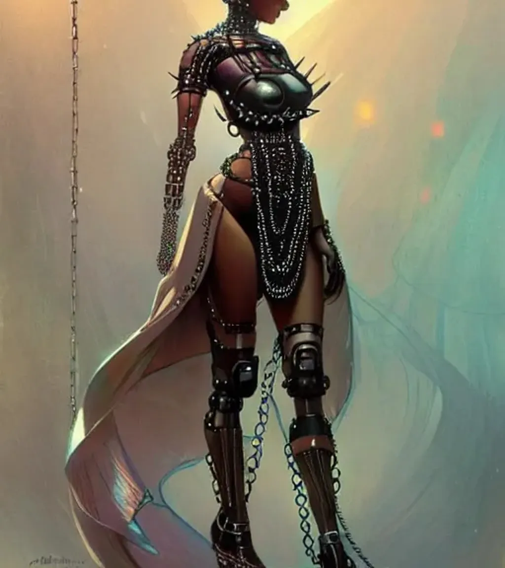 Prompt: a cute robot wearing a dress made out of spiked chains and leather straps. fantasy, intricate, digital painting, artstation, smooth, sharp focus, illustration, art by artgerm and greg rutkowski and alphonse mucha