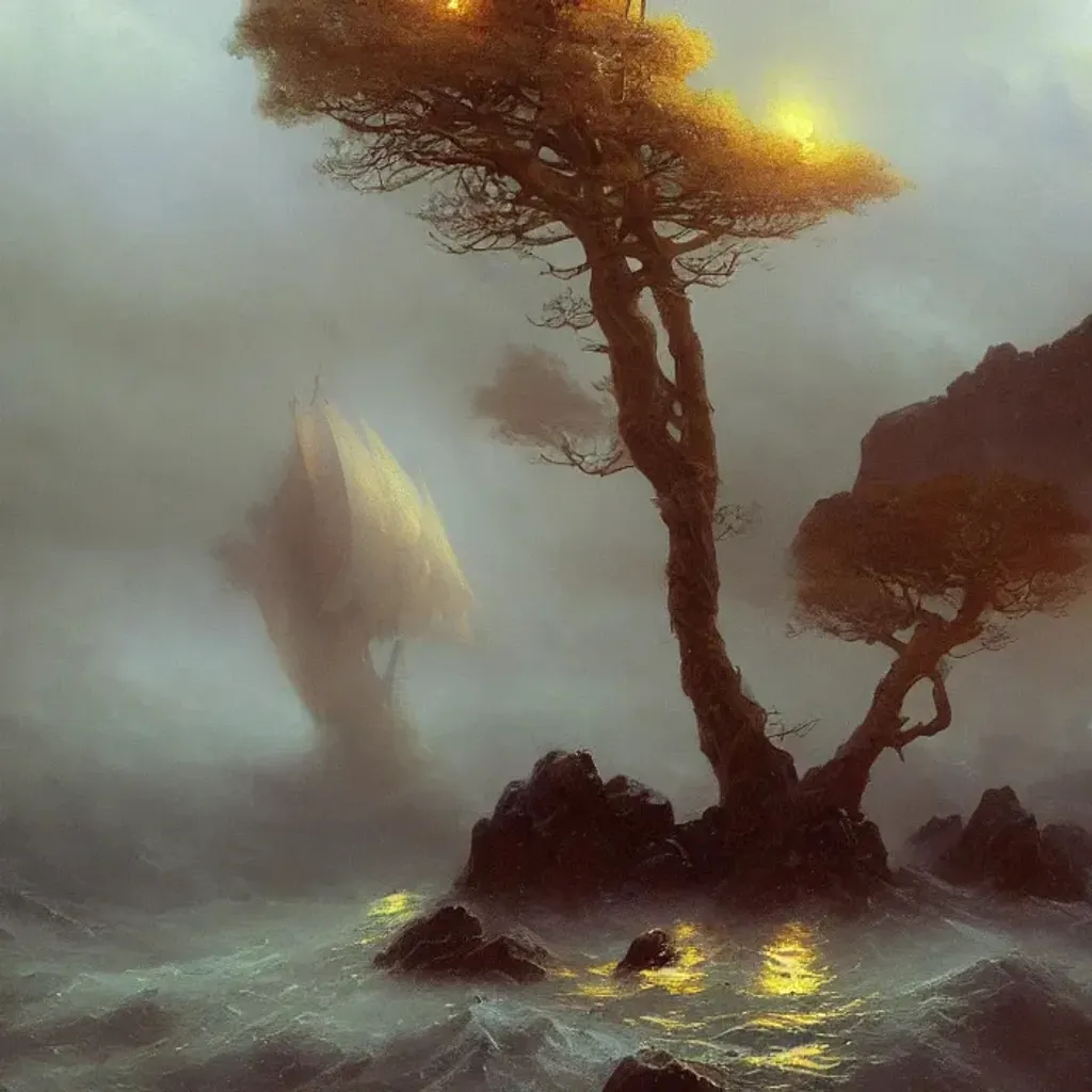 Prompt: a beautiful painting of the gold world tree on the sea by ivan aivazovsky and greg rutkowski and james gurney, in style of impressionism. dark fantasy, elden ring, hyper detailed, sharp focus, soft light. unreal engine 5, oil on canvas, ray tracing. trending on artstation