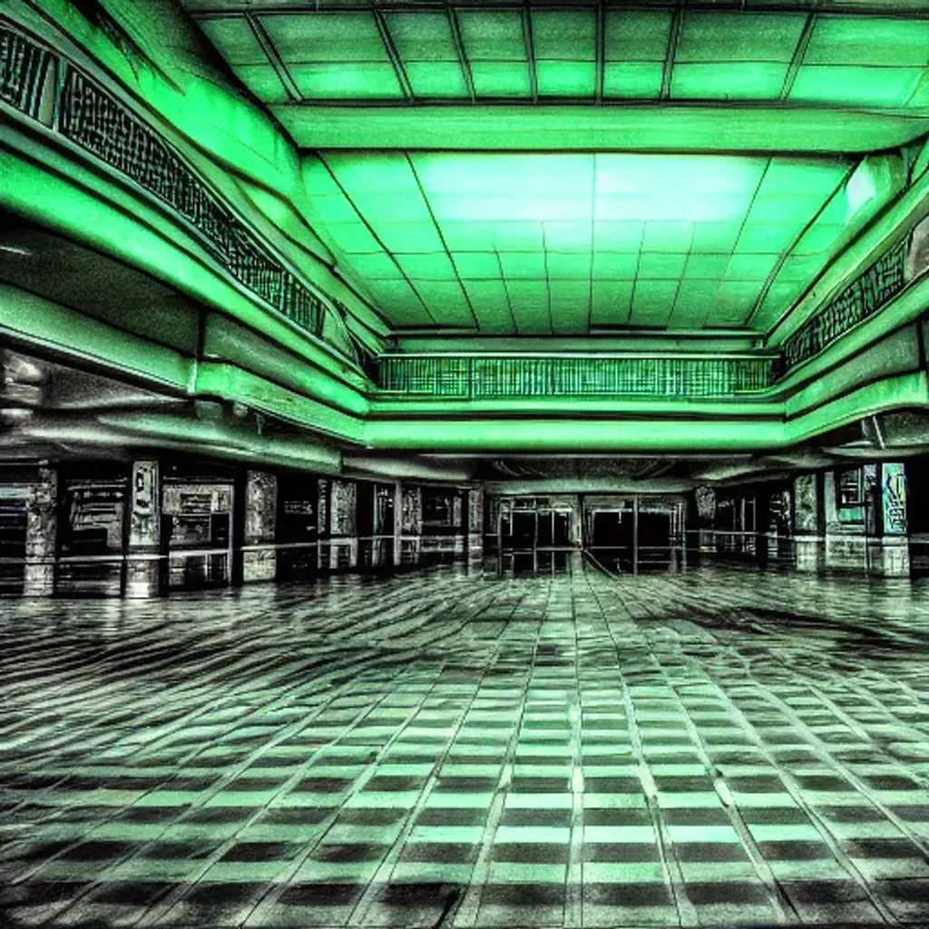 Prompt: Paranormal Green Ghost, Waiting around in a Abandoned Mall. by Suzie Worsher.