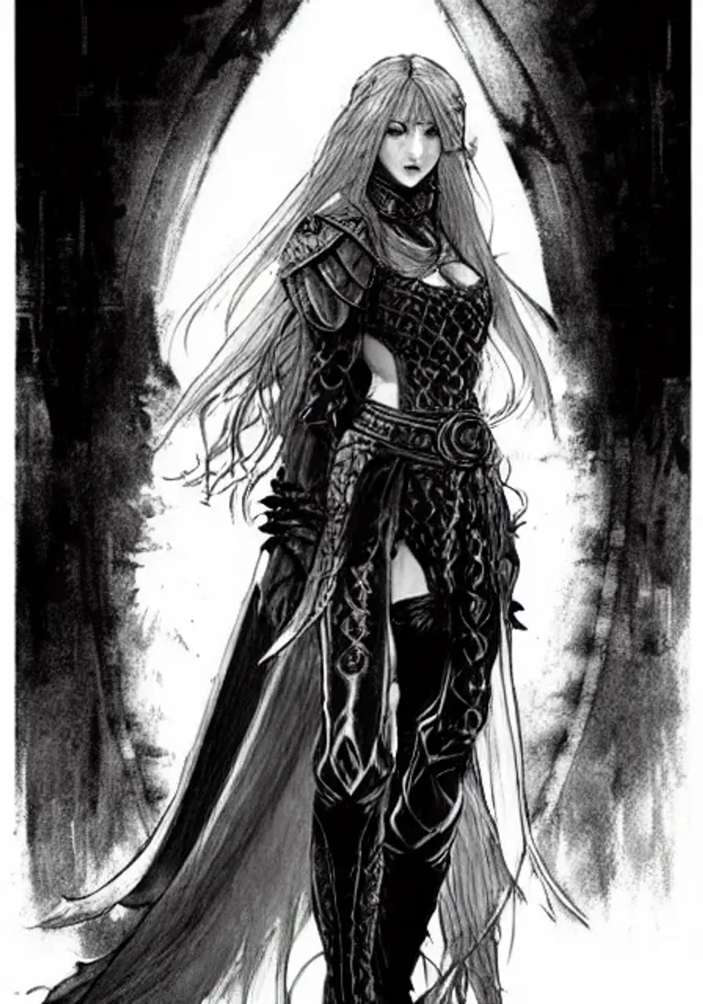 Prompt: cinematic sketch of medieval fantasy scene: beautiful girl with red flowing hair in a fantasy mage robe and knee high leather boots, intricate, elegant, sharp focus, illustration, highly detailed greyscale sketch, concept art, matte, art by yoji shinkawa