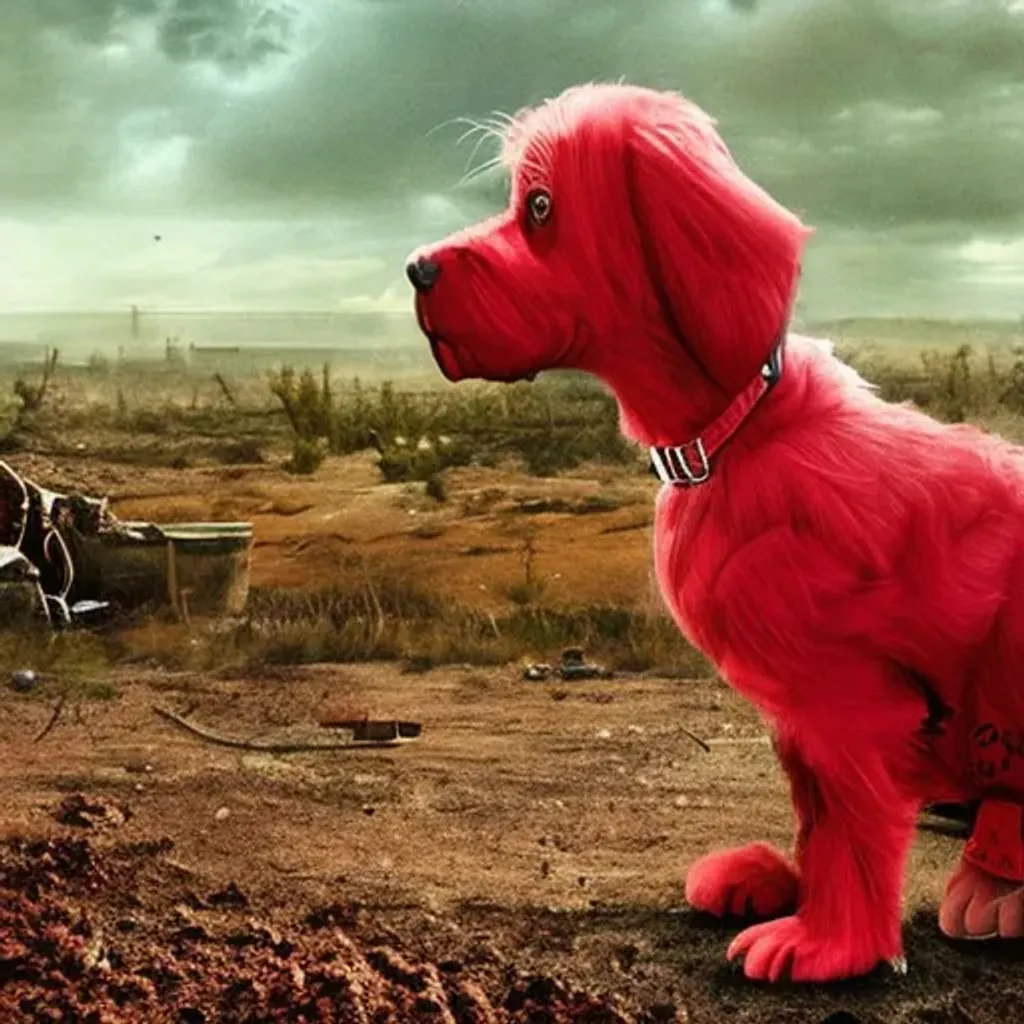 Prompt: post apocalypse Clifford the Big Red Dog