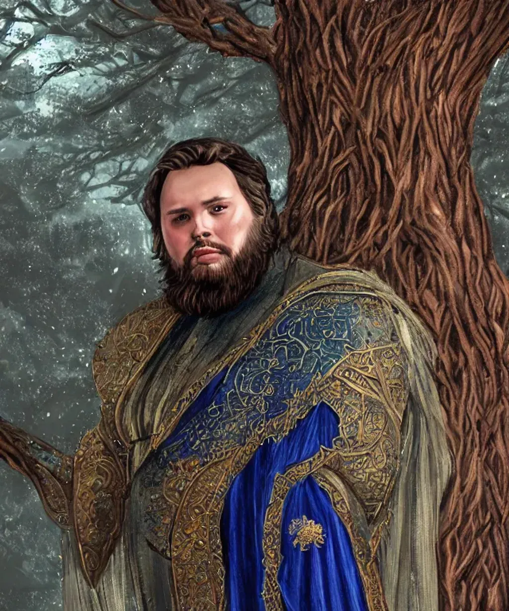 Prompt: Beautiful, cute samwell tarly in lapis lazuli armored robes, touching a glowing crimson tree, intricate bushy beard,  full-length portrait, luminous, iridescent, intricately textured, enigmatic, exotic, bronze, magestic beard, glowing runes, dark fantasy, highly detailed, art station, hyperrealism, digital art, masterpiece, 8k, dynamic lighting, dramatic, photo-realistic, Rutkowski, Gaston bussiere, craig mullins, j. c. leyendecker, filipe pagliuso, Waterhouse, justin gerard, artgerm, cgsociety