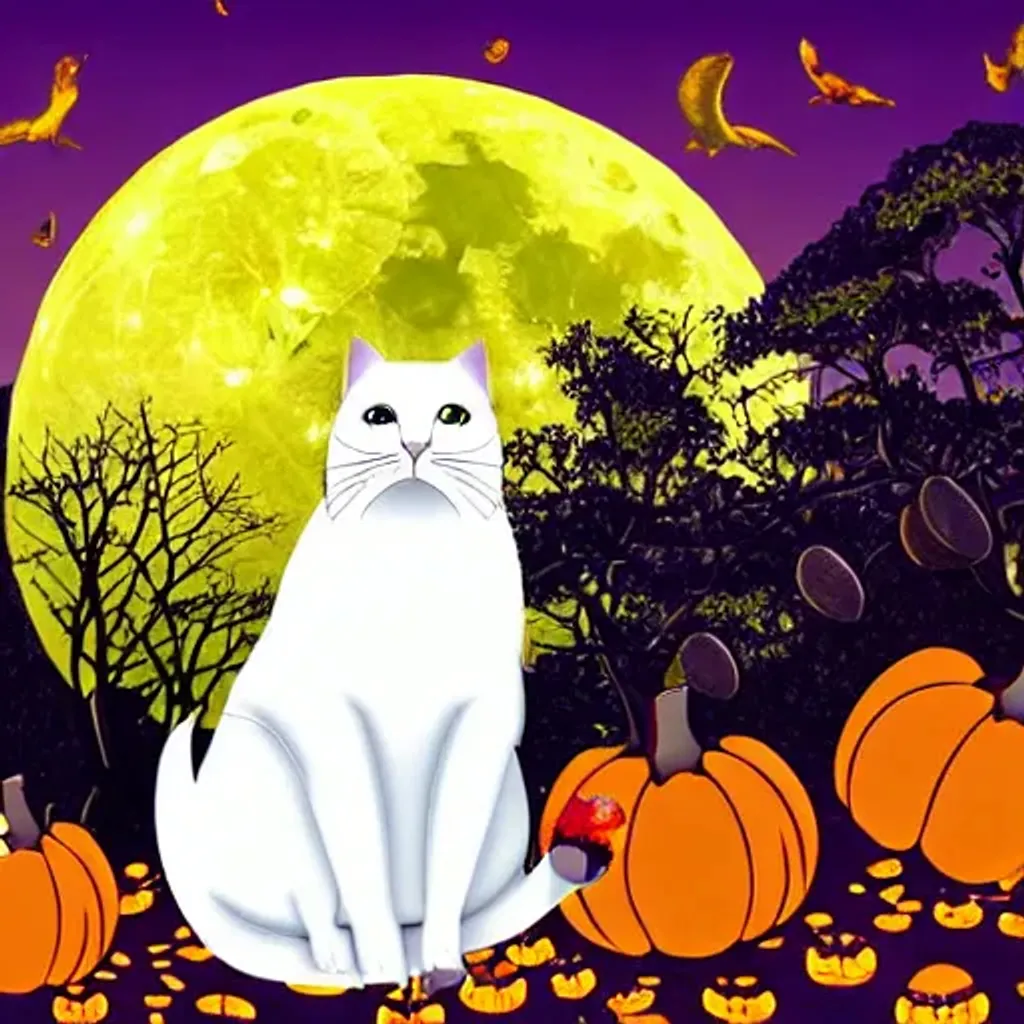 Prompt: white cat sitting on pumpkin purple skies castle background yellow moon black trees crows flying red apple