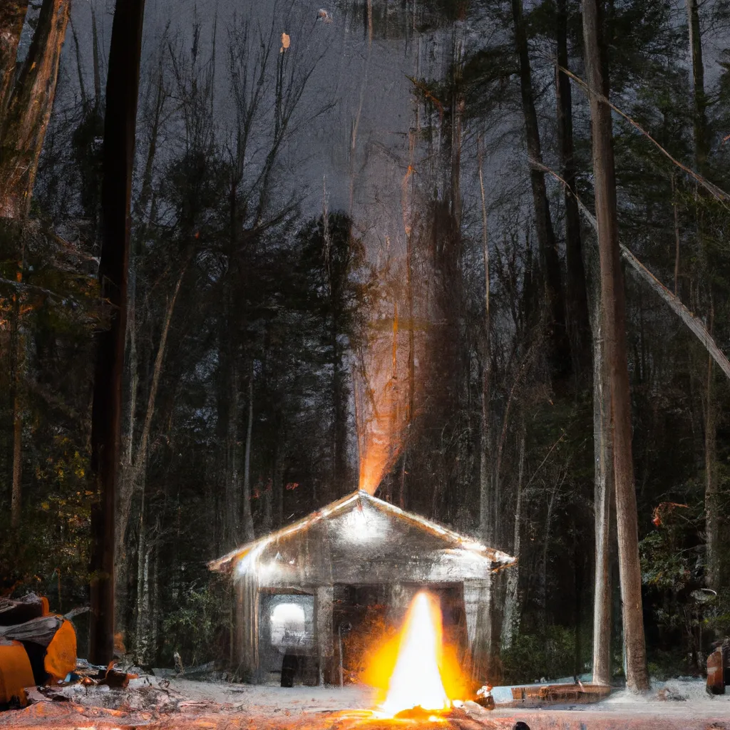 Prompt: A cabin in the woods with snow long exposure campfire 