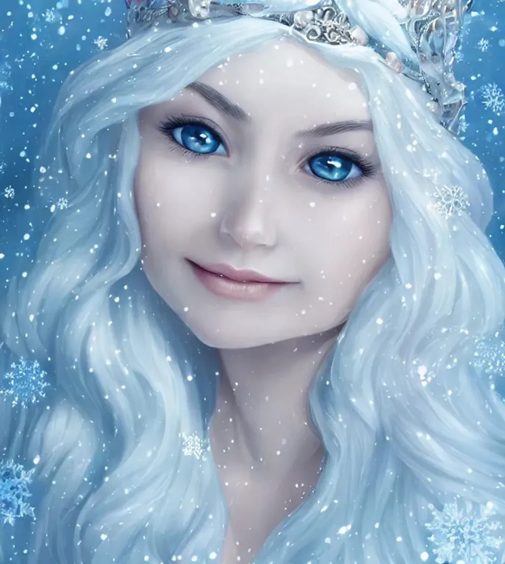 Prompt: portrait of a gorgeous snow goddess with pale skin perfect nose and smile long flowing white hair a crown of snowflakes upon her head, cold, ice blue, artgerm, artstation, award-winning cgi, parallax Studios 
