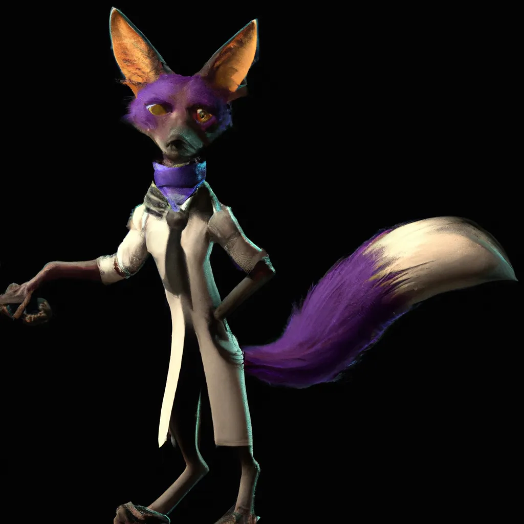 Prompt: Anthropomorphic bipedal black and purple fox scientist, hyperrealism stylized character design, 4K, UHD, HDR