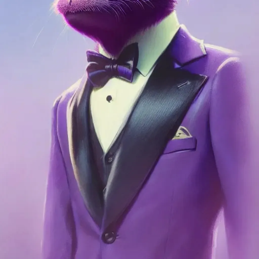 Prompt: Monkey in a purple suit Detailed Render,Breathtaking,8k resolution Greg Rutkowski, Artgerm, 40mm lens, shallow depth of field, close up, from 1970 trending on artstation. HQ