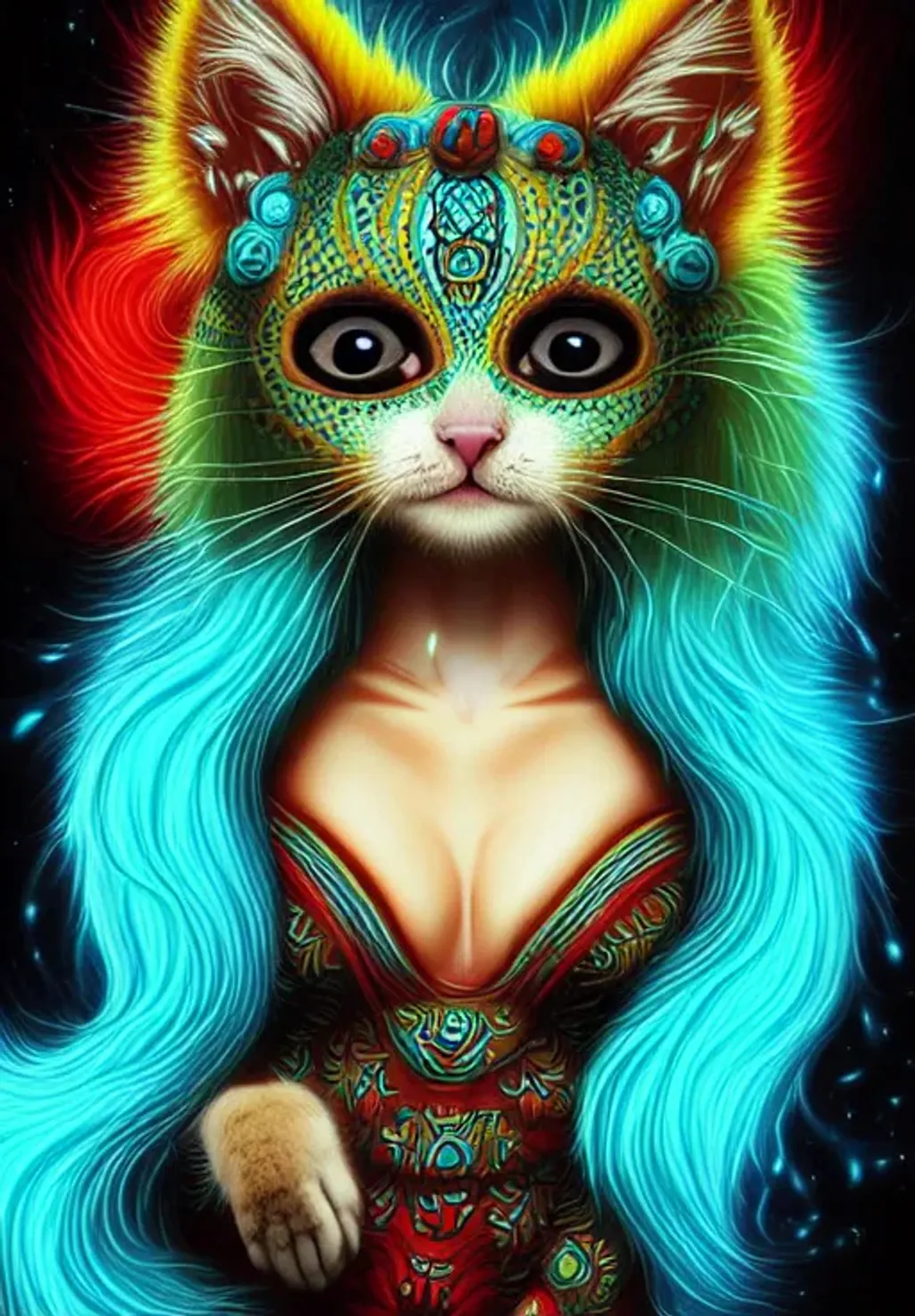 Prompt: Awesome kitten shapeshifter humanoid, fursona, blue, Turquoise cream eyes, very long luxurious hair, glowing headdress, sinusoidal striped fur, furaffinity, in the style of Mandy Jurgens, fantasy micro particles, starfires, background is a beautiful fractal mandala, in the style of Chie Yoshii, Mandelbrot, volumetric mist, detailed and intricate, elegant aesthetic, ornate, artefact, otherworldly, perfection, awesomeness, glee, volumetric lighting, coffee tangerine charcoal sky-blue, clear focus, clarity, cinematic, 128K UHD, Unreal Engine 5, pi, fractal, fBm