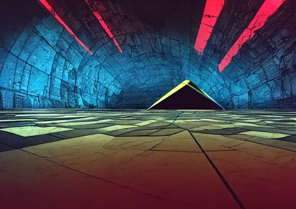 Prompt: sci-fi reflective floor, abstract pyramid, apocalyptic, neon sky