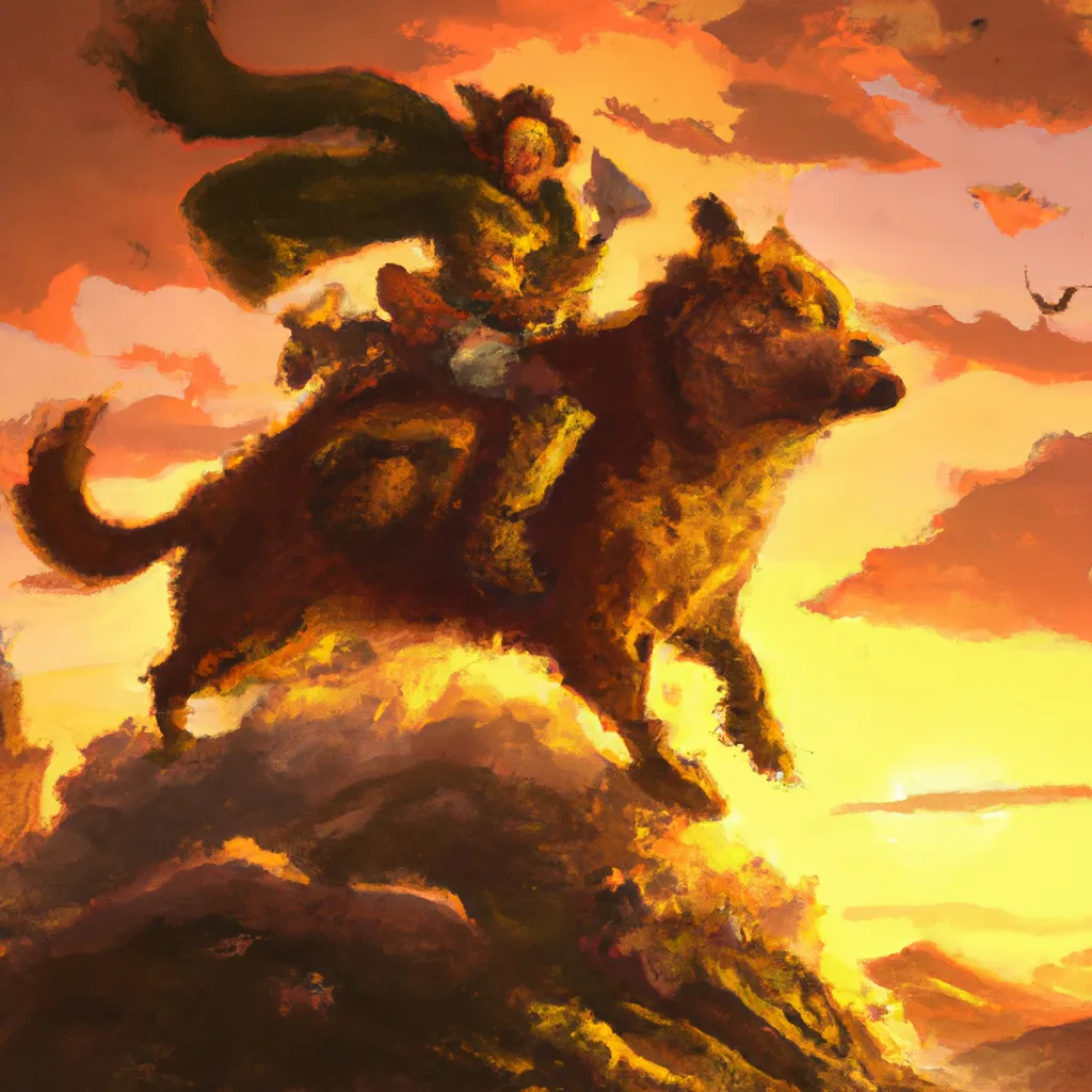 Prompt: a renaissance painting of a victorious halfling warrior in a battlefiled riding on a war dog engulfed in sunset light in frank Frazetta style