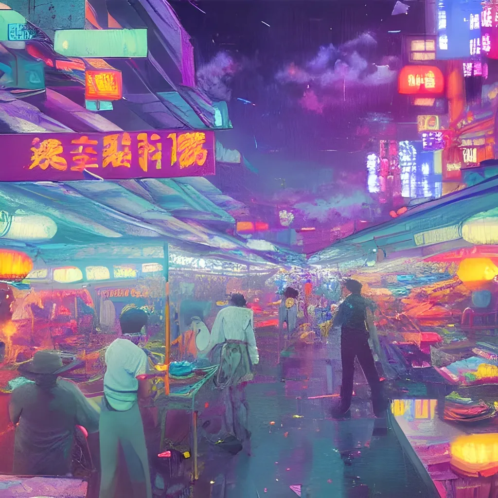 Prompt: a landscape of a taiwan night market in a psychedelic cyberpunk world in the style of greg rutkowski, wlop, lisa frank, bob ross, ruan jia