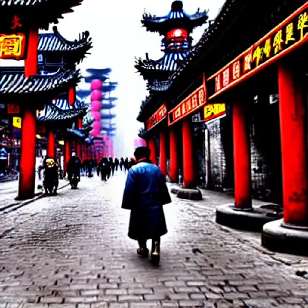 Prompt: Steampunk Chinese city with steam powered walking machines and robots in the streets, many factories and smokestacks, cobblestone streets, broad light, wide angle, over the shoulder point of view, overcast, highly detailed, picturesque, romantic, vivid colors