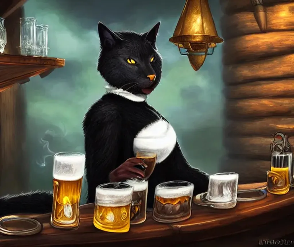 Prompt: Ultra realisitic digital painting of a female black catfolk spilling a tankard of ale. Background is a tavern bar. fantasy artwork, realistic shaded, fine details, Artgerm, ultrarealistic HDR, highly detailed. Fine facial features. Ultra realistic face. bright eyes, soft smile. D&D. smooth. sharp focus. Intricate. Magical, Fantasy, elegant, concept art.