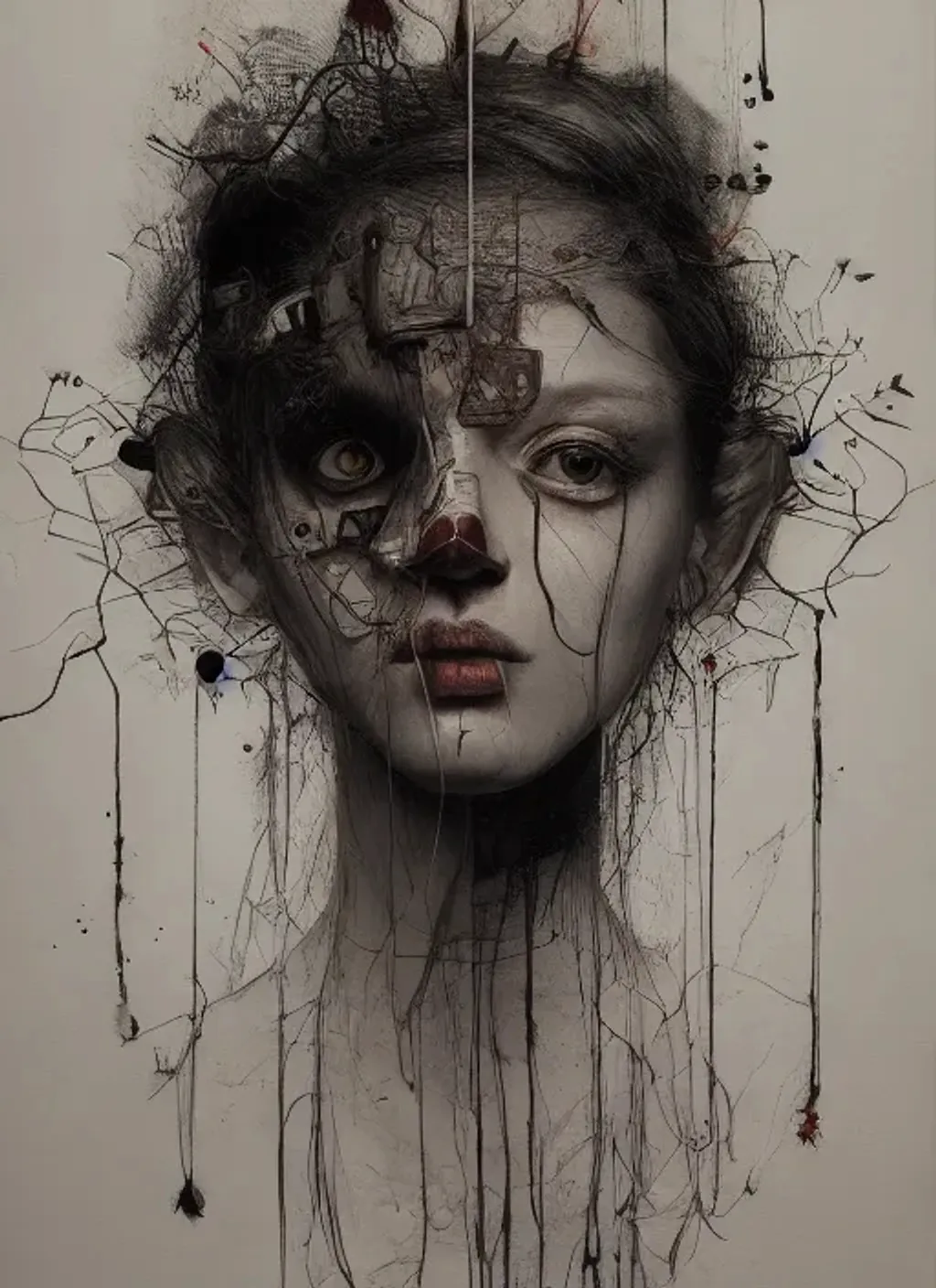 Prompt: a detailed portrait, transparent acrylic brush strokes, abstract, fine art pencil lines, chaos on canvas, award winning realistic painting, black smoke, character design, rule of thirds, transparent artwork, transparent holes, by chiara bautista and beksinski and norman rockwell and tom bagshaw