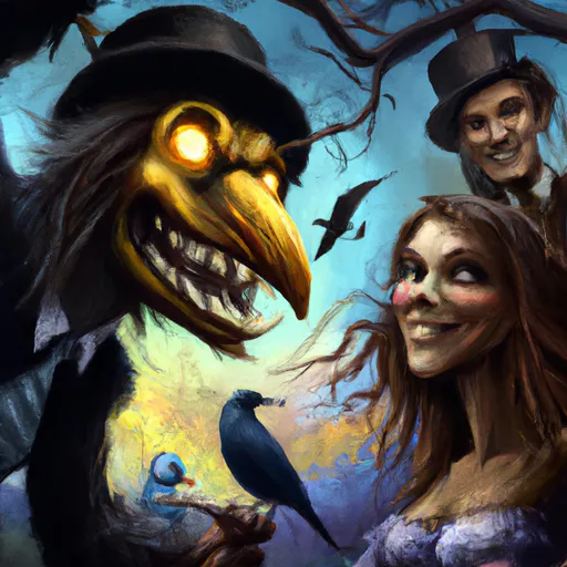 Prompt: Face of a creepy grinnig scarecrow  with sharp teeth and glowing yellow eyes and a crow on a prom. Couples slowdancing together in the background, matte painting, bokeh. Elegant detailed digital art By Gil Elvgren and Tim Burton