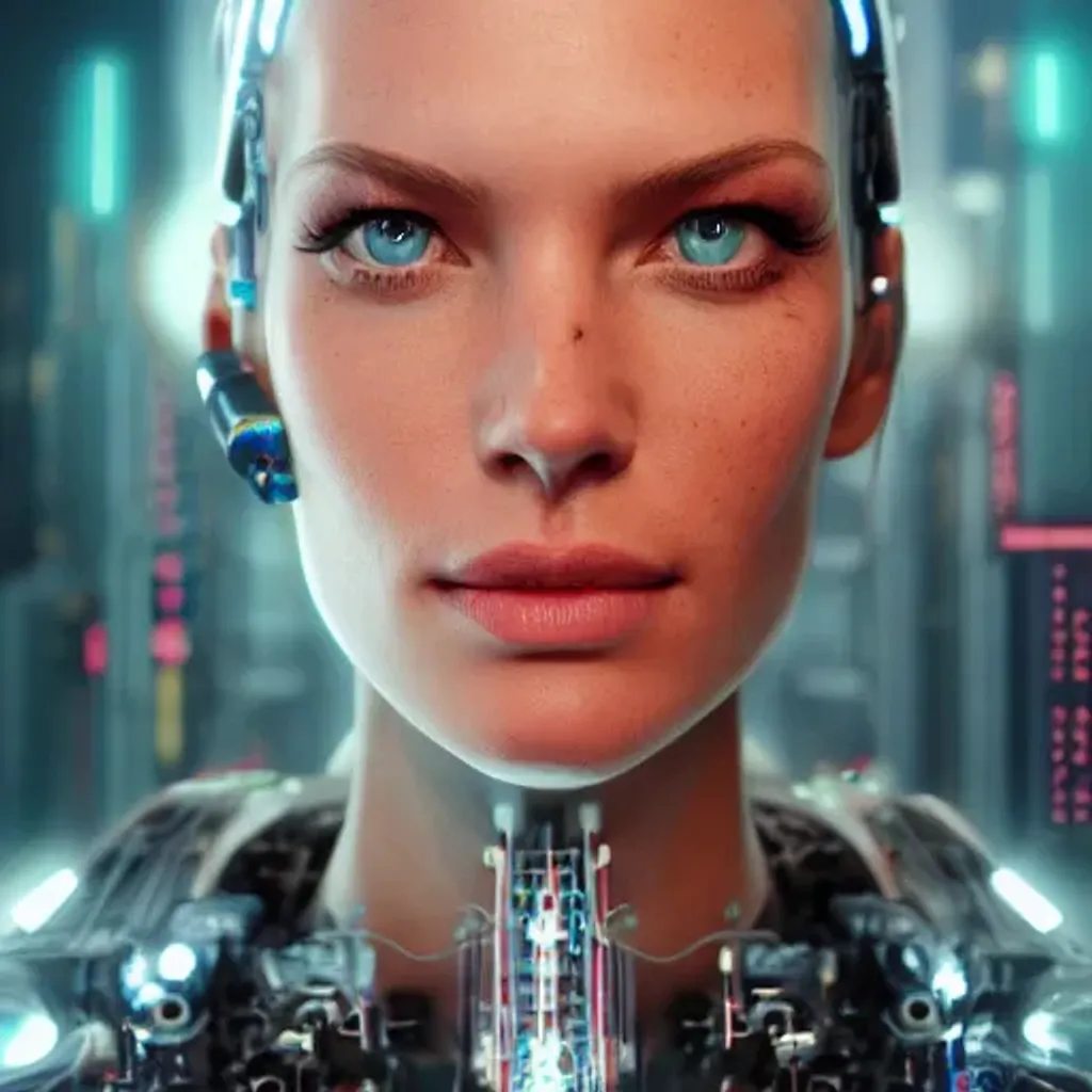Prompt: rebecca romijn as a female android  with perfect face and perfect bright eyes, pale skin and freckles, large eyes, intricately detailed mechanical parts, complicated circuits and wires, beautiful gazing symmetric blues eyes, cyberpunk futuristic neon, unreal engine, path tracing, 8k, artstation