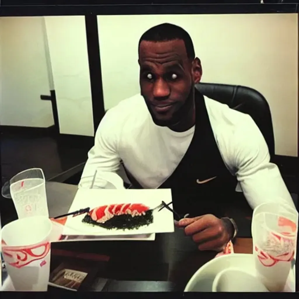 Prompt: Lebron James eating sushi with chopsticks, at a Japanese restaurant, professional photography, polaroid