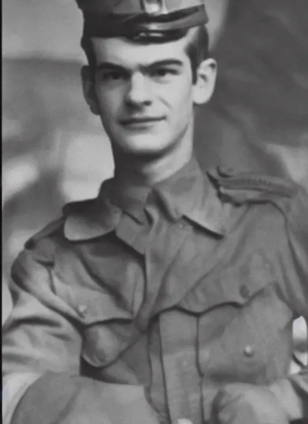 Prompt: Photograph of Andrew Garfield as a soldier in World War II, black and white