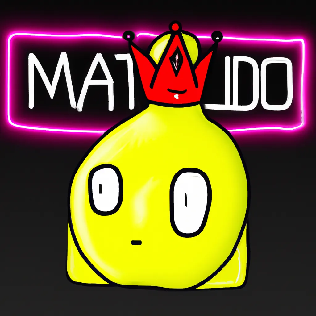 Prompt: A lemon character wearing a crown partially sketched and partially digital art, text on a sign behind saying Mattvideo in neon letters