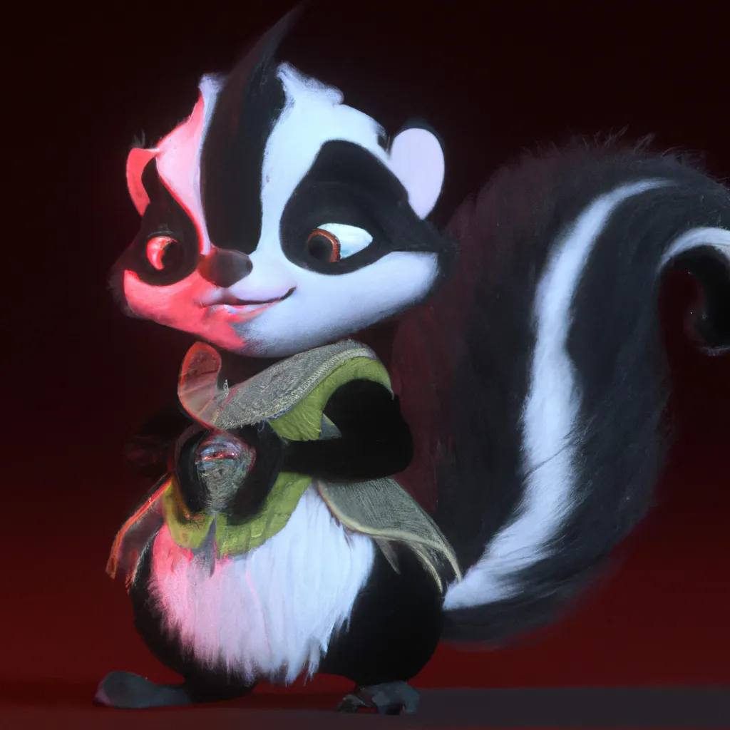 Prompt: High quality, Pixar style, tiny cute and adorable fluffy skunk  dressed in fantasy clothes, fantasy outfit, fantasy dress, small, adorable!, spotted skunk, anthropomorphic ,dnd, adventurer, dramatic lighting, 8k, portrait, cartoon, fine details, 3d render, cinematic ,intricate details, cinematic lighting, character design, character concept, cute, mascot,  adventure, dungeons and dragons, 8k, fluffy!, tsaoshin, pixar movie key visual, fantasy, DnD, adorable!, big eyes, animated, disney, anime, animation