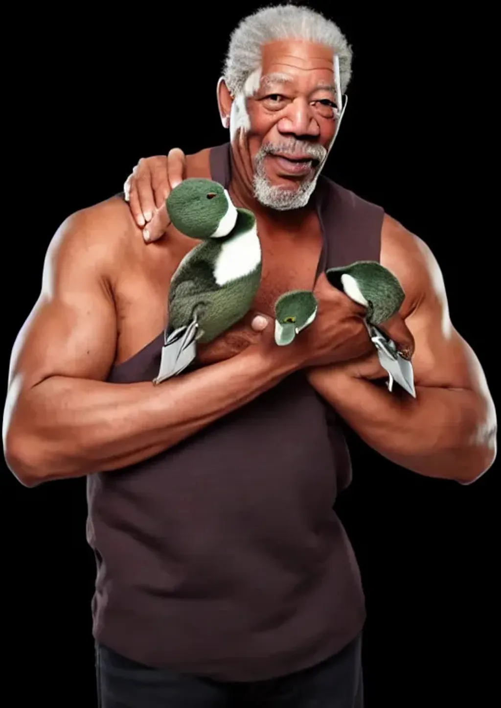 Prompt: Morgan Freeman holding multiple ducks, yolked, muscle, 4K, 8K, High resolution