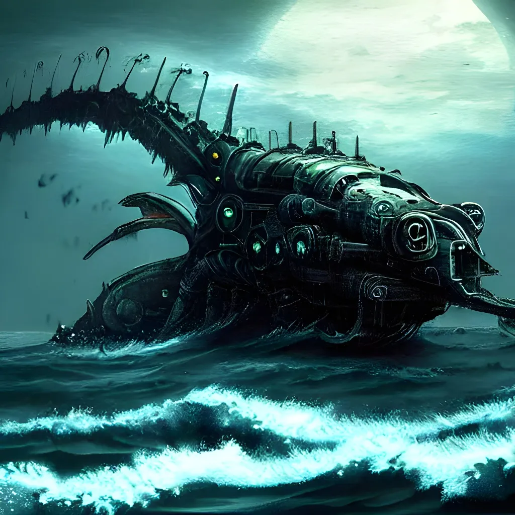 Prompt: A mech sea monster in the sea, grim and ghastly atmosphere, macabre art, digital art, video game art