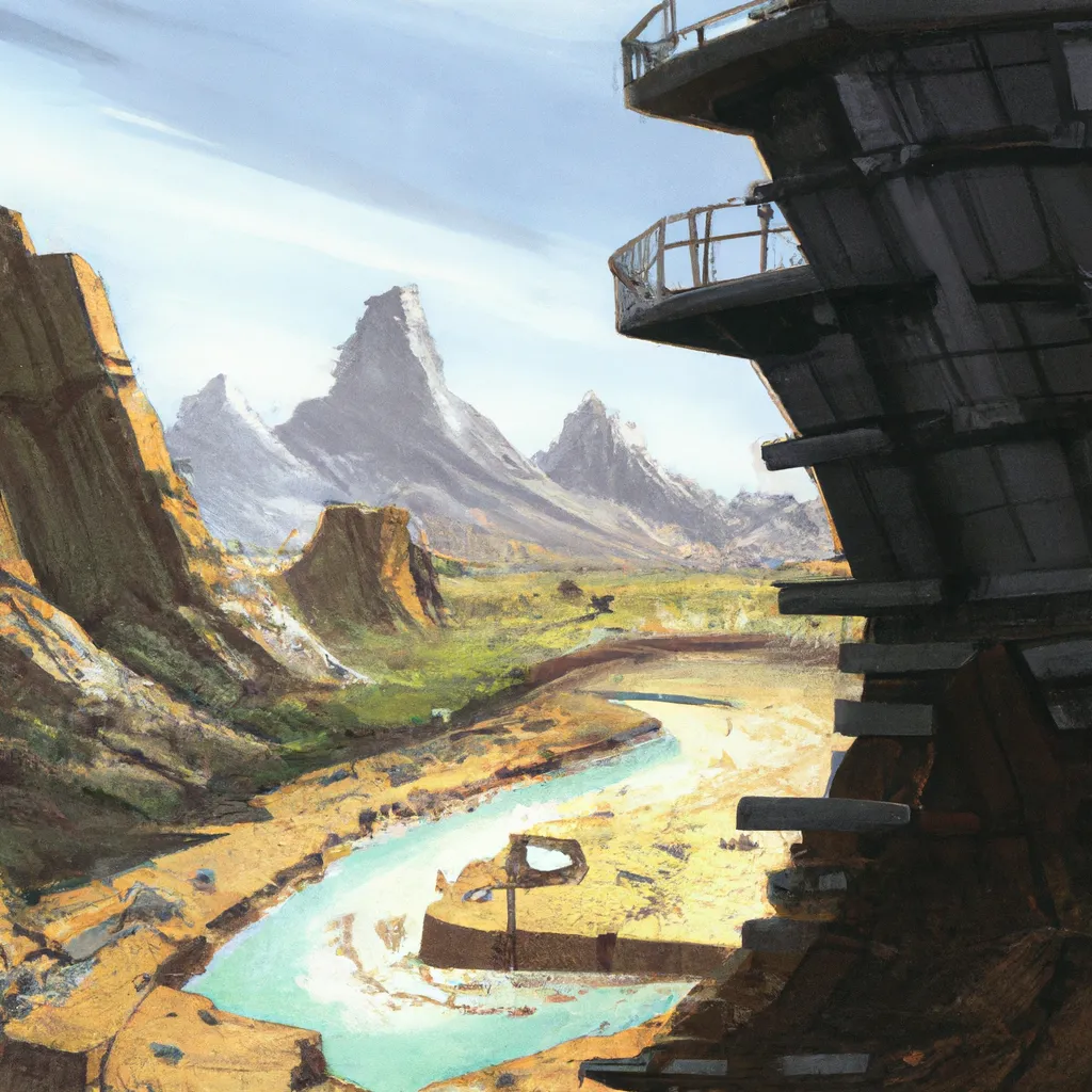 Prompt: sci - fi lookout tower in the desert, rocks, mountain, river, intricate oil painting, high detail illustration, sharp high detail, manga and anime 1 9 9 9, official fanart behance hd artstation by jesper ejsing and makoto shinkai, 4 k, 