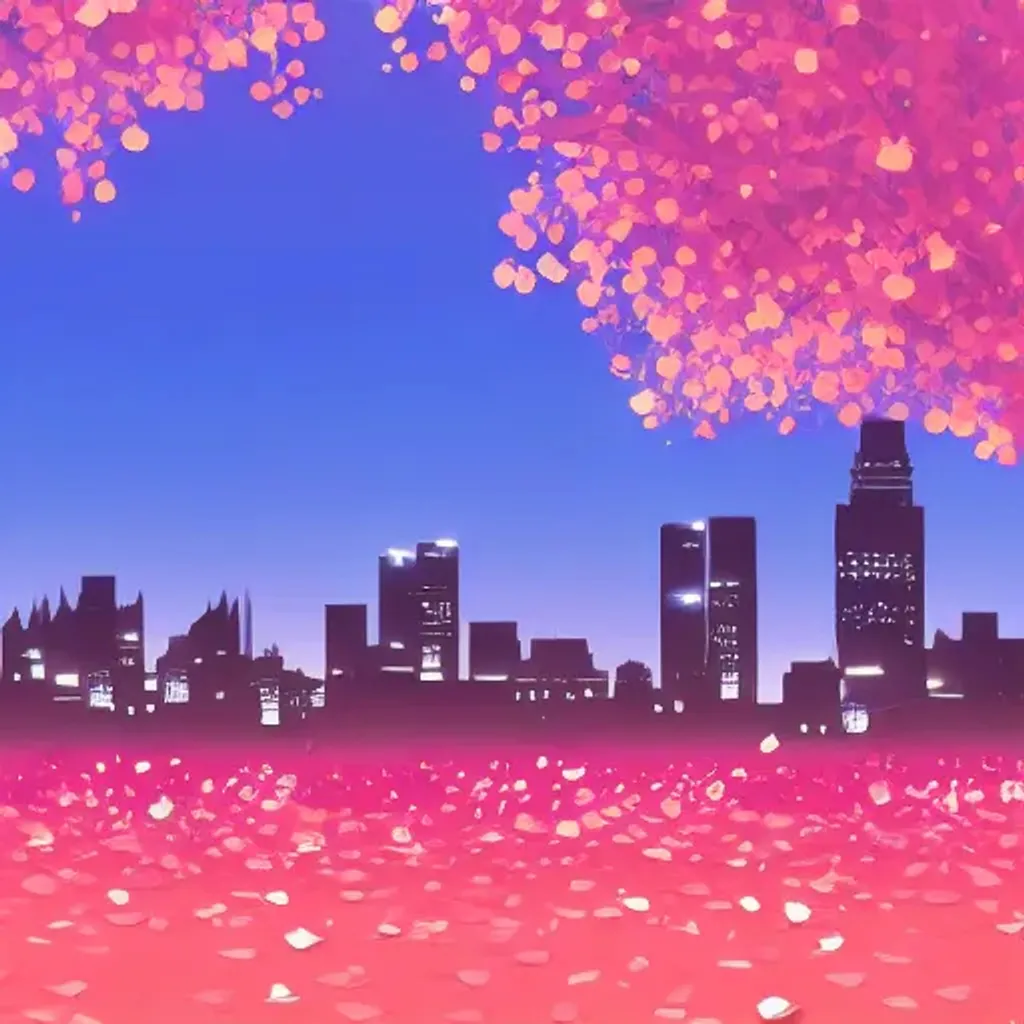 Prompt: three low poly cherry blossom trees on a hill in autumn at night, with city skyline in the background