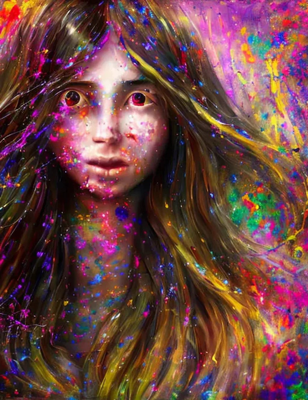 Prompt: paint splatter with drips, portrait of a very beautiful young girl, very attractive, very cute nose perfect lips intricate girlish charm, long wavy hair, highly detailed, digital painting, sharp focus, dof, ultra reallistic, extremely detailed, intricate, artgerm, cinematic lighting  award winning, fantastic view, 4K 3D, colourful