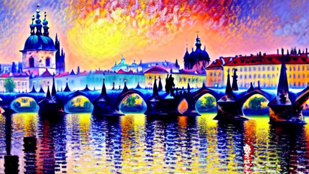 Prompt: Charles bridge in Prague, beautiful, ivan shishkin, impressionism, camille pissarro, ismail inceoglu, claude monet, alena aenami, fantasy art, subtle pastel colors