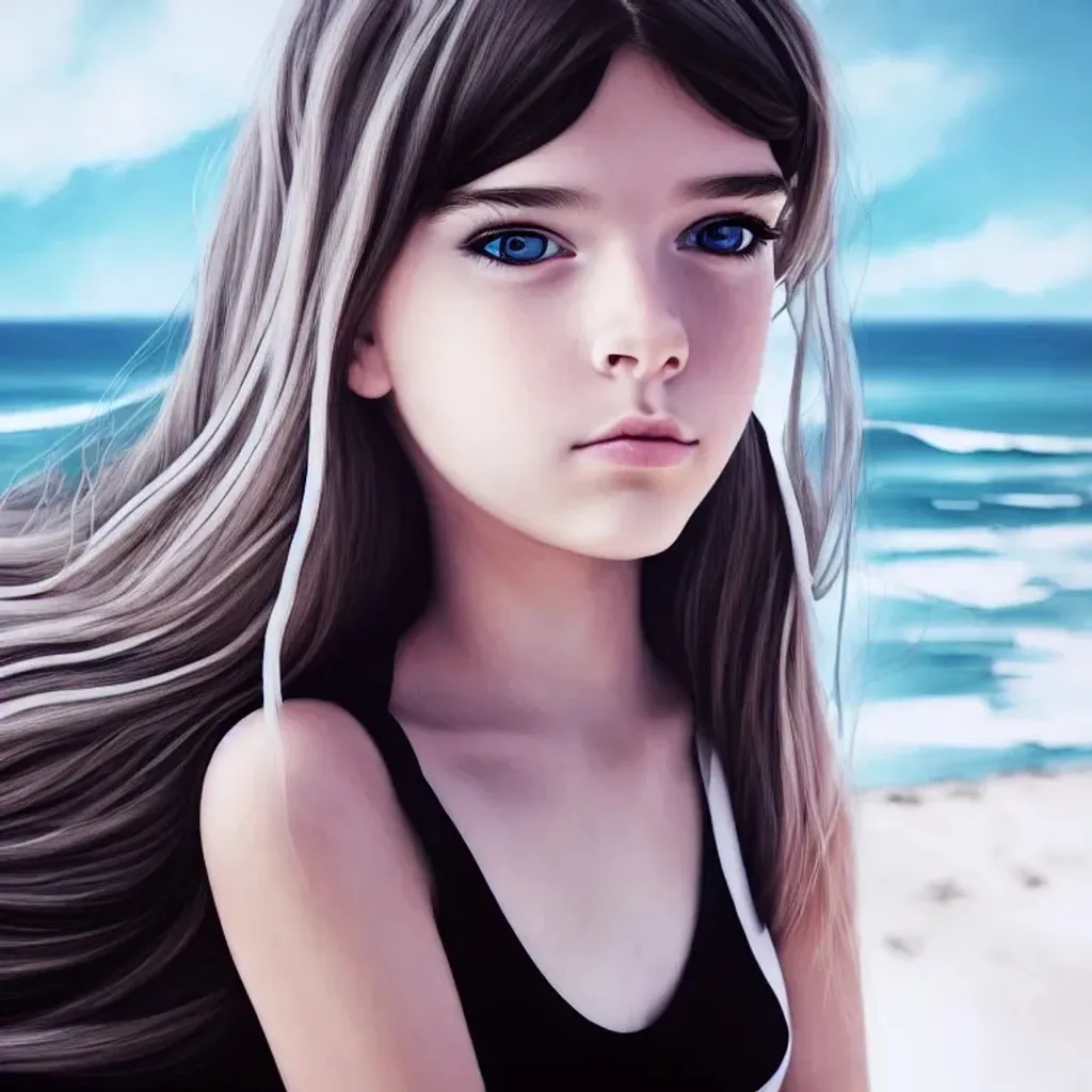Prompt: highly detailed photorealistic art of a pretty young cute teenage girl, looking at the camera and lying on the coast, white hairs, eyeliner makeup, black skirt, black clothes, black crop top, full length, ultra-realistic soft sun lighting, Redshift Render, hd, 4k, 8k, artstation, illustration, teenager, digital art, beach, sea, ocean, coast, sand, full body