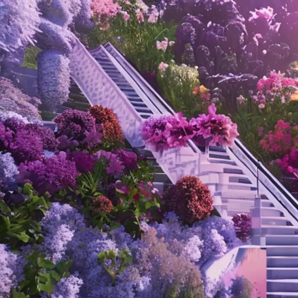 Prompt: stairways to heaven, varied colored flowers, photorealistic, octane render, intricate detail, volumetric lighting, 8 k, unreal engine