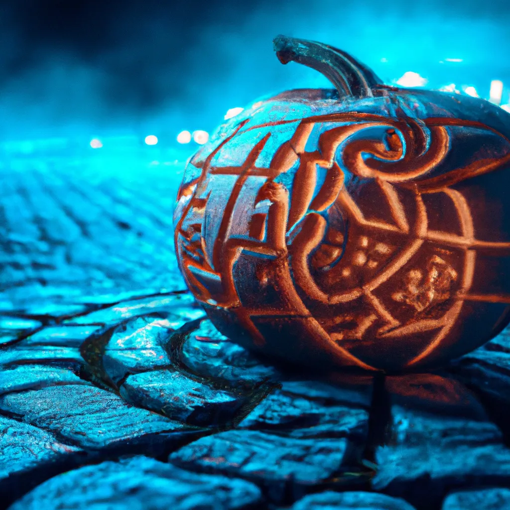 Prompt: A shot of a Pumpkin with Celtic patterns carved out and etched on its surface taken from a distance, lit from inside by blue neon lights that show through the carvings with a soft glow, spooky wicker artifacts on the cobbled stones around it, perfect composition, beautiful detailed intricate insanely detailed octane render trending on artstation, 8K artistic photography, photorealistic concept art, soft natural volumetric cinematic perfect light, chiaroscuro, award-winning photograph, masterpiece, oil on canvas, Raphael, Caravaggio, Greg Rutkowski, Beeple, Beksinski, Giger