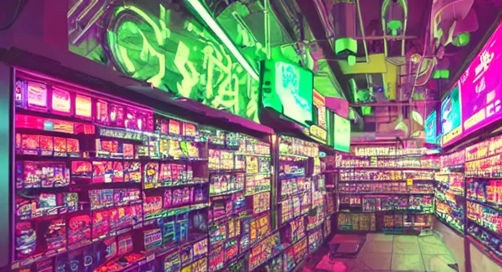 inside closed cyberpunk convenience store at night w... | OpenArt