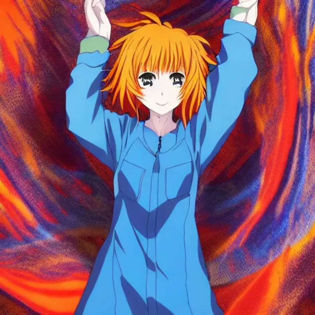 Prompt: Anime key visual. Orange-Haired, Kind Woman. Blue Tunic Bunny Ears. Masterpiece. Flowing tapestry.  Fine Tuned Detail. Hair Brushing. Hands in Pocket.