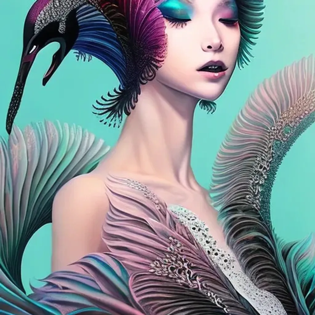 Prompt: Intricate 3/4 view portrait of a black swan goddess, hypermaximalist style, intricate details, trending on Artstation, Ross Tran, Sam Yang, Tom Blackwell, Anna Dittmann