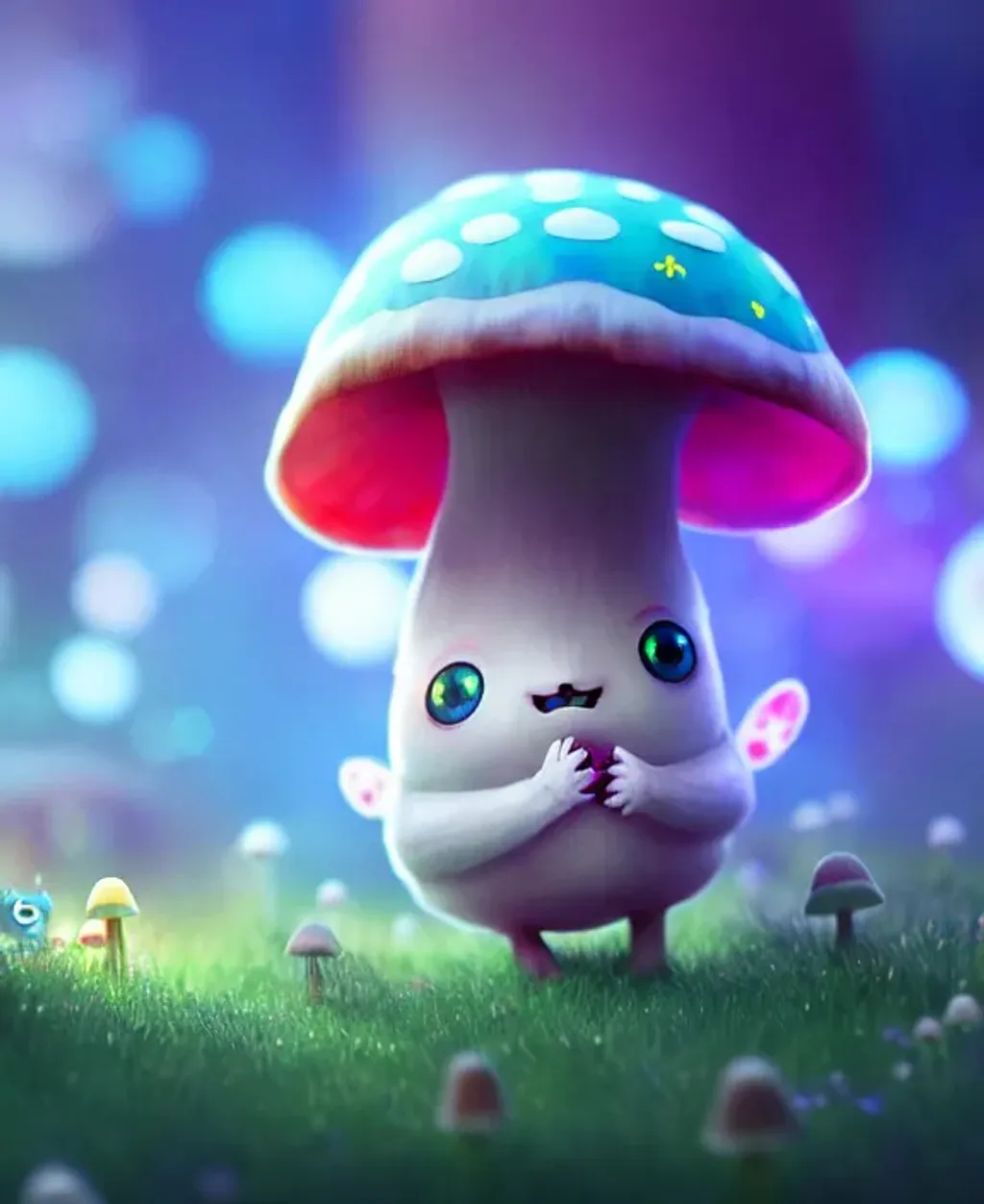 Prompt: cute kawaii creature made from a mushroom, large anime eyes, concept character, bokeh effect, magical lighting, weed, lsd, beautiful glowing lights, bio-luminescence, stunning, intricate, hyperdetailed, 32k poster art, octane render, hyperion render, professional realistic matte painting by pixar, luke chueh, matt dangler