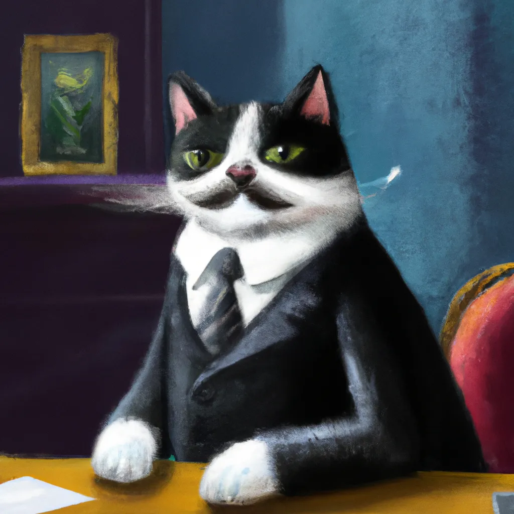 Prompt: A beautiful painting of an anthropomorphic mobster tabby cat with a suave moustache, wearing a tuxedo, sitting in front of his desk at his office