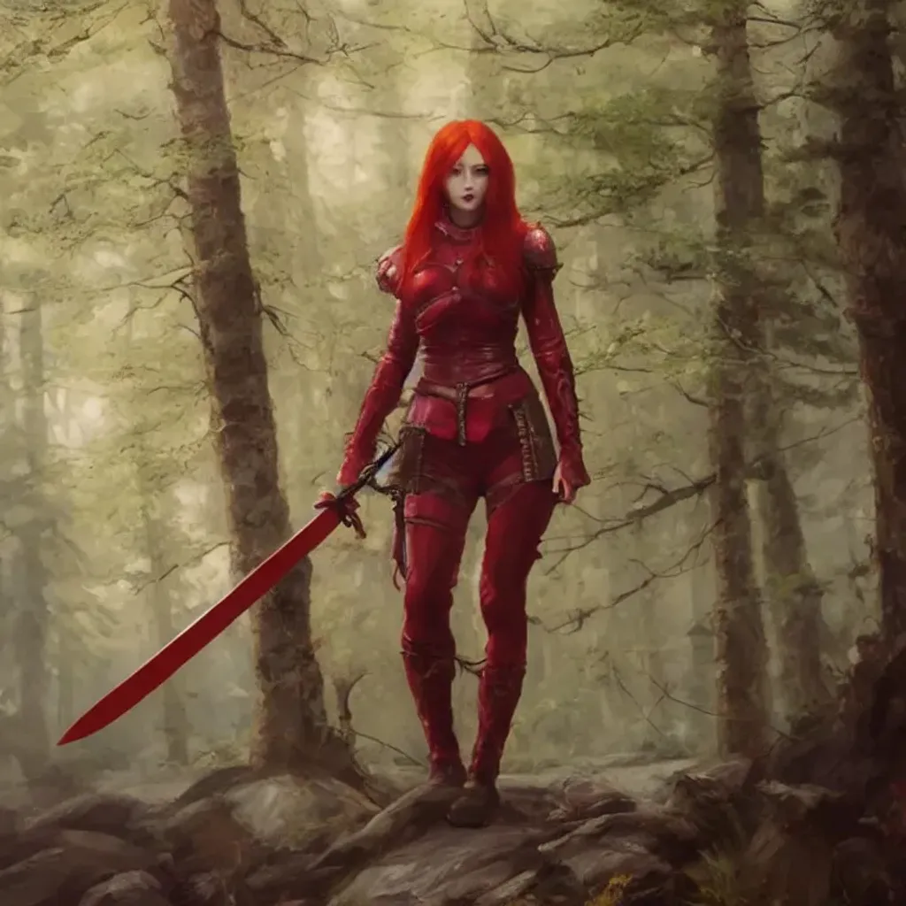 Prompt: Portrait of a woman with red hair and with cute face, in red armor holding a sword, in a forest clearing, perfect composition, hyperrealistic, super detailed, 8k, high quality, trending art, trending on artstation, sharp focus, studio photo, intricate details, highly detailed, by greg rutkowski