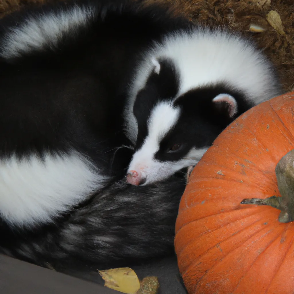 Prompt: a skunk is sleeping next to a pumpkin